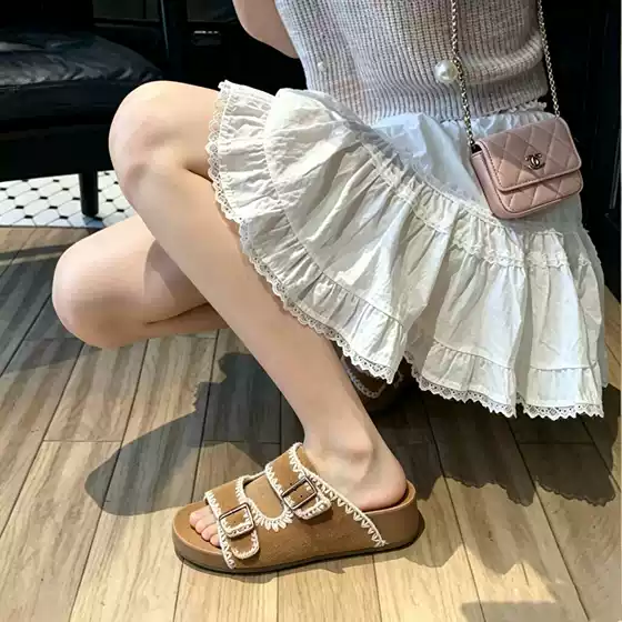 Summer New Style Cowhide Birkenstock-Style Sandals with Thick Soles for Women, Genuine Leather Two-Strap Buckle Lace-Up Beach Slippers