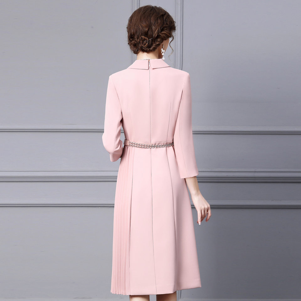 Váy Liền Thân Cổ chữ Vest Thiết Kế Xếp Ly Màu Hồng