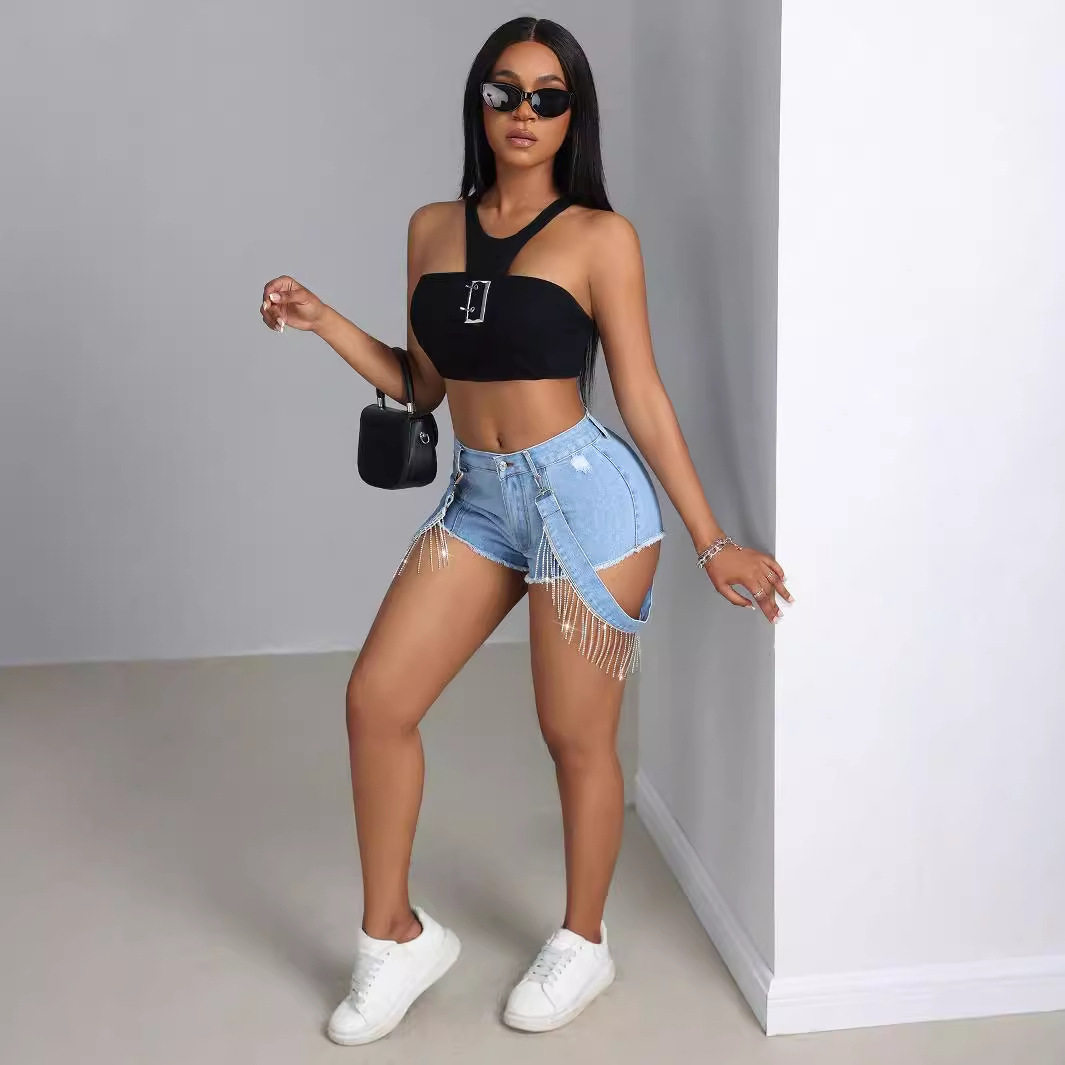 Frayed Denim Shorts Slim Fit Tassel Tie High Waist Casual Summer Wear Wholesale Available customizable