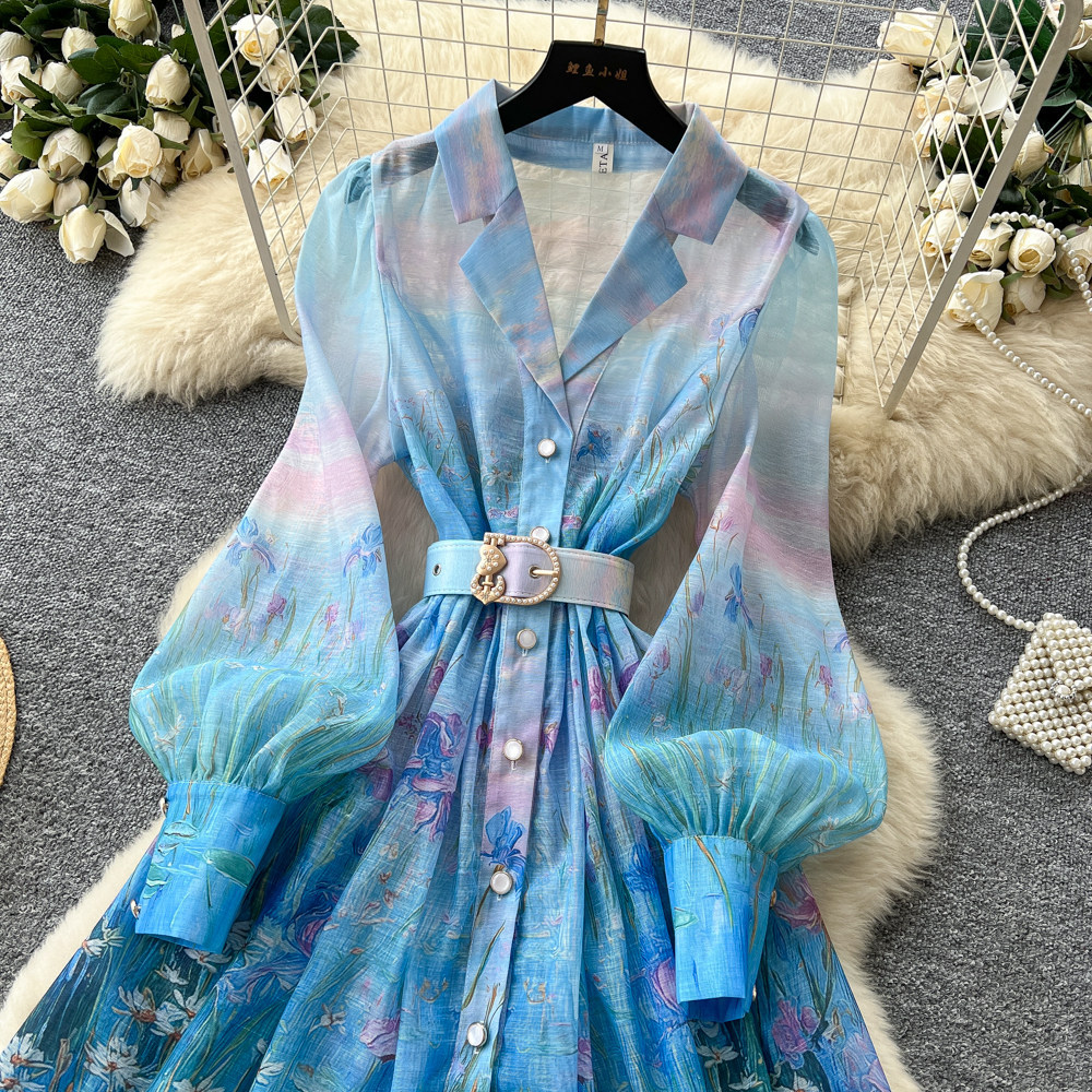 French Romantic Gradient Print Long Sleeve Dress Button Closure Waist Tie Elegant Silhouette Summer Occasion