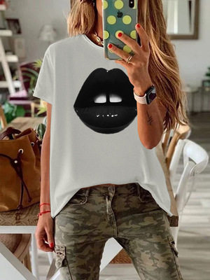 Plus Size Womens Black Short Sleeve T Shirt Lips Print Round Neck Fitted Style Casual Wear Wholesale Available