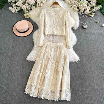 Foreign Trade Exquisite Two-piece Set Female Elegant Ladies Light Luxury Slimming Lace Embroidered Beaded Top Skirt 0415