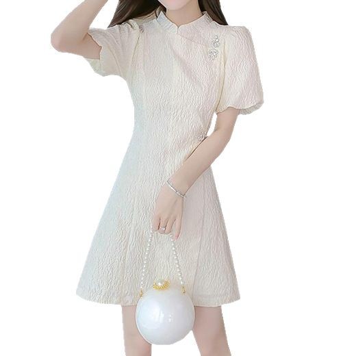 Summer French Style Modified Qipao Dress for Women Short Puff Sleeve Elegant Fit Petite Size Perfect for Casual