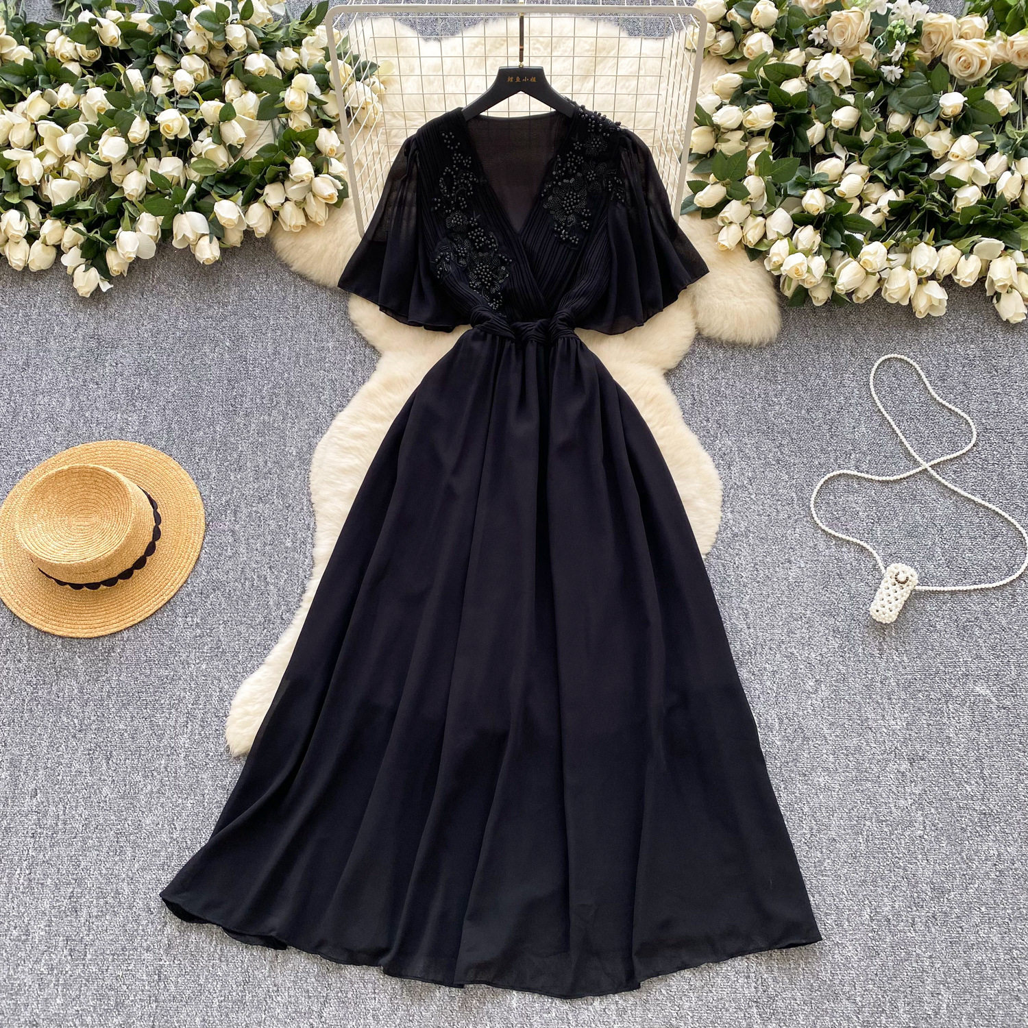 Vintage French Style V Neck Dress Elegant Pleated Design with Beading Summer Long Dress for Sophisticated Women