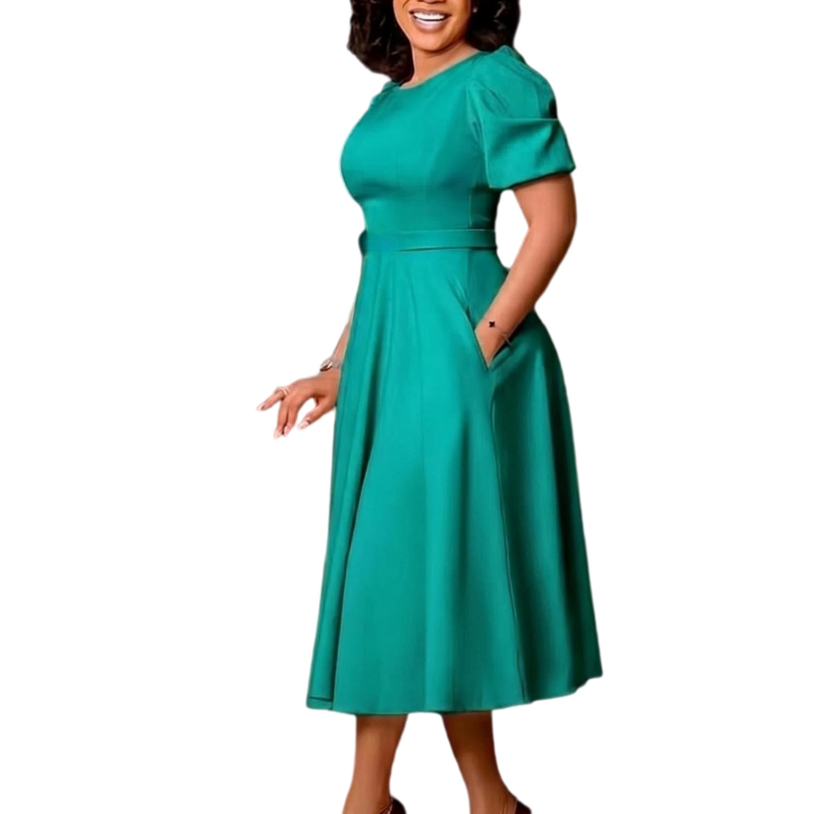 Elegant Puff Sleeve Midi Dress Round Neck Flowy Skirt Fashionable Design Perfect for Parties and Events Wholesale