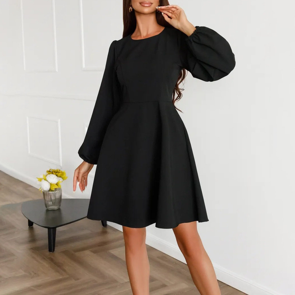 Womens A Line Dress Waist Defined Round Neck Pocketed Puff Long Sleeves Autumn Fashion Wholesale Available