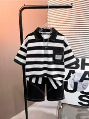 Children's 2025 Summer New Casual Sports Short-Sleeved Suit for Boys, Medium and Large Children, Lapel Black and White Striped T-Shirt Two-Piece Set