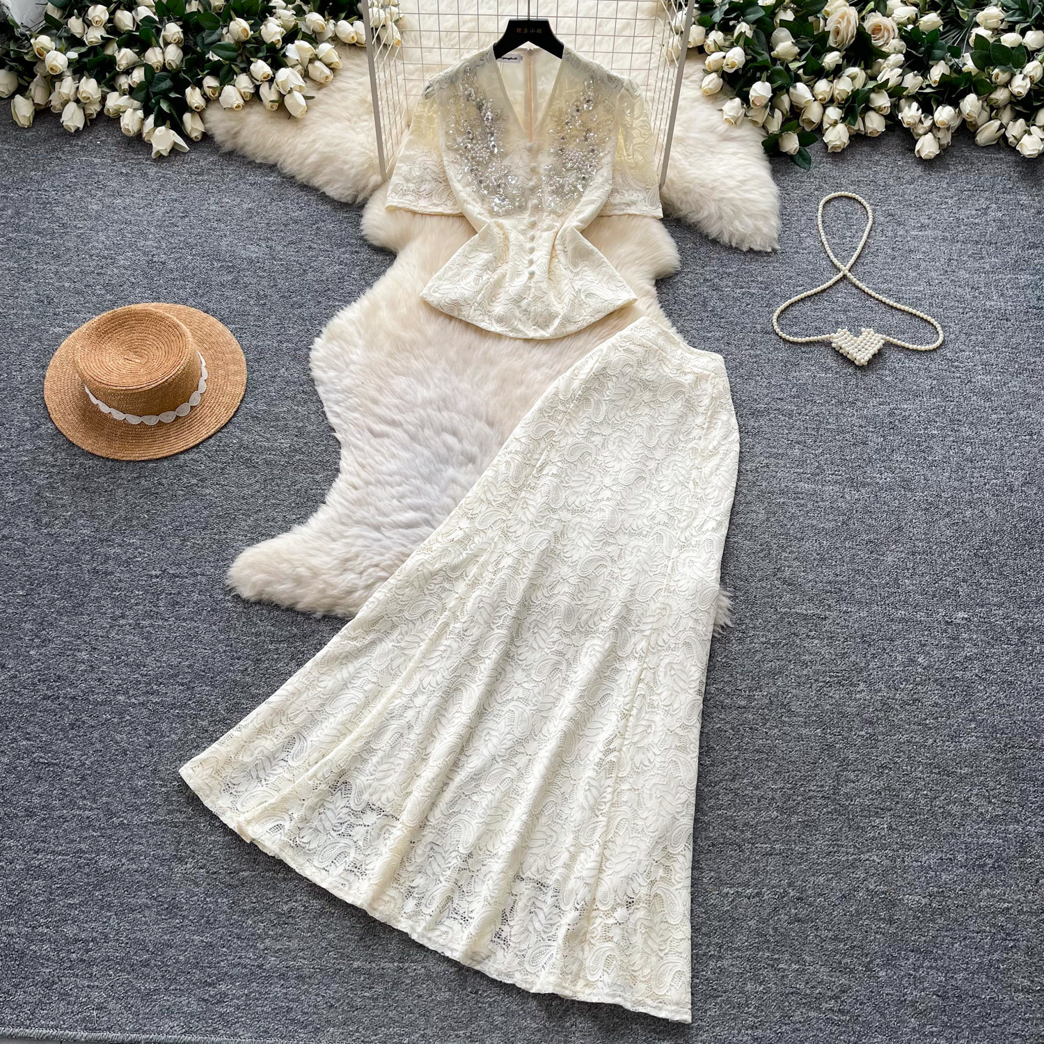 French Style Elegant Two Piece Set Beaded V Neck Lace Detail Slim Fit Summer Fashion for Sophisticated Occasions