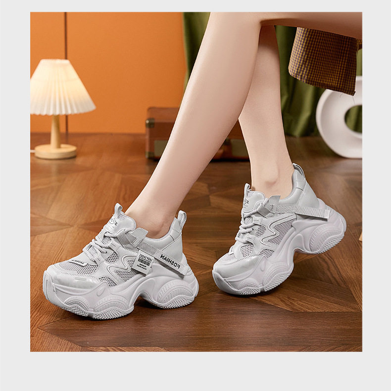 Giày platform nữ đế xuồng mũi tròn lưới thoáng khí, gót siêu cao 8cm — Xám, Len nguyên chất chi tiết 13