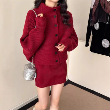 New Year's Red High-End Elegant Knitted Suit for Women Autumn and Winter New Stand-Up Collar Slim Cardigan and Skirt Two-Piece Trendy Set