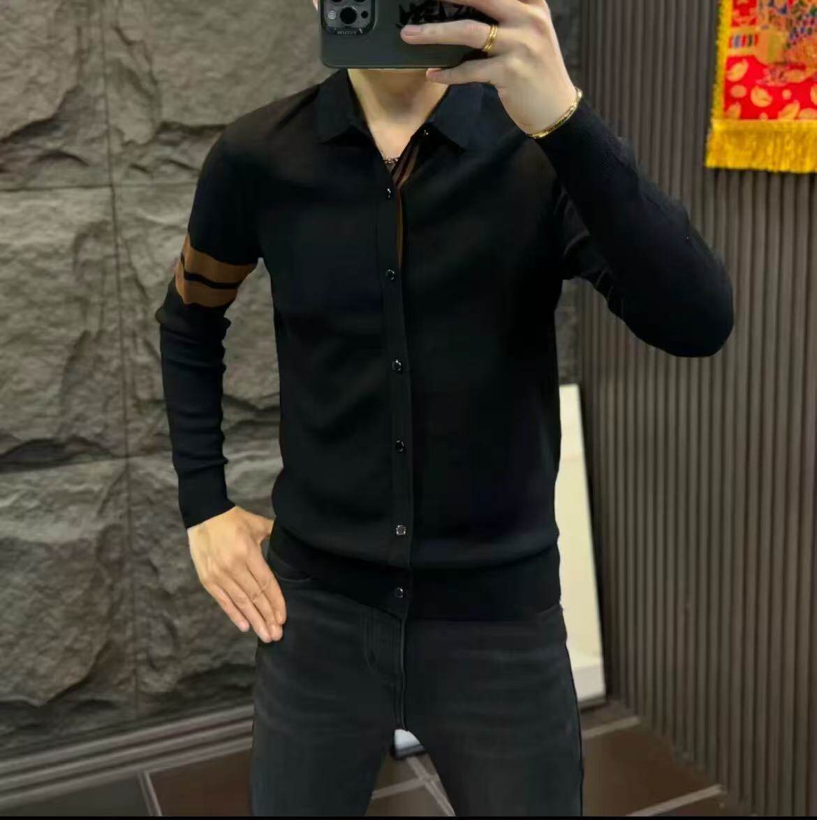 男士长袖针织衫假外套修身翻领毛织衬衫弹力休闲毛衣秋冬时尚上衣