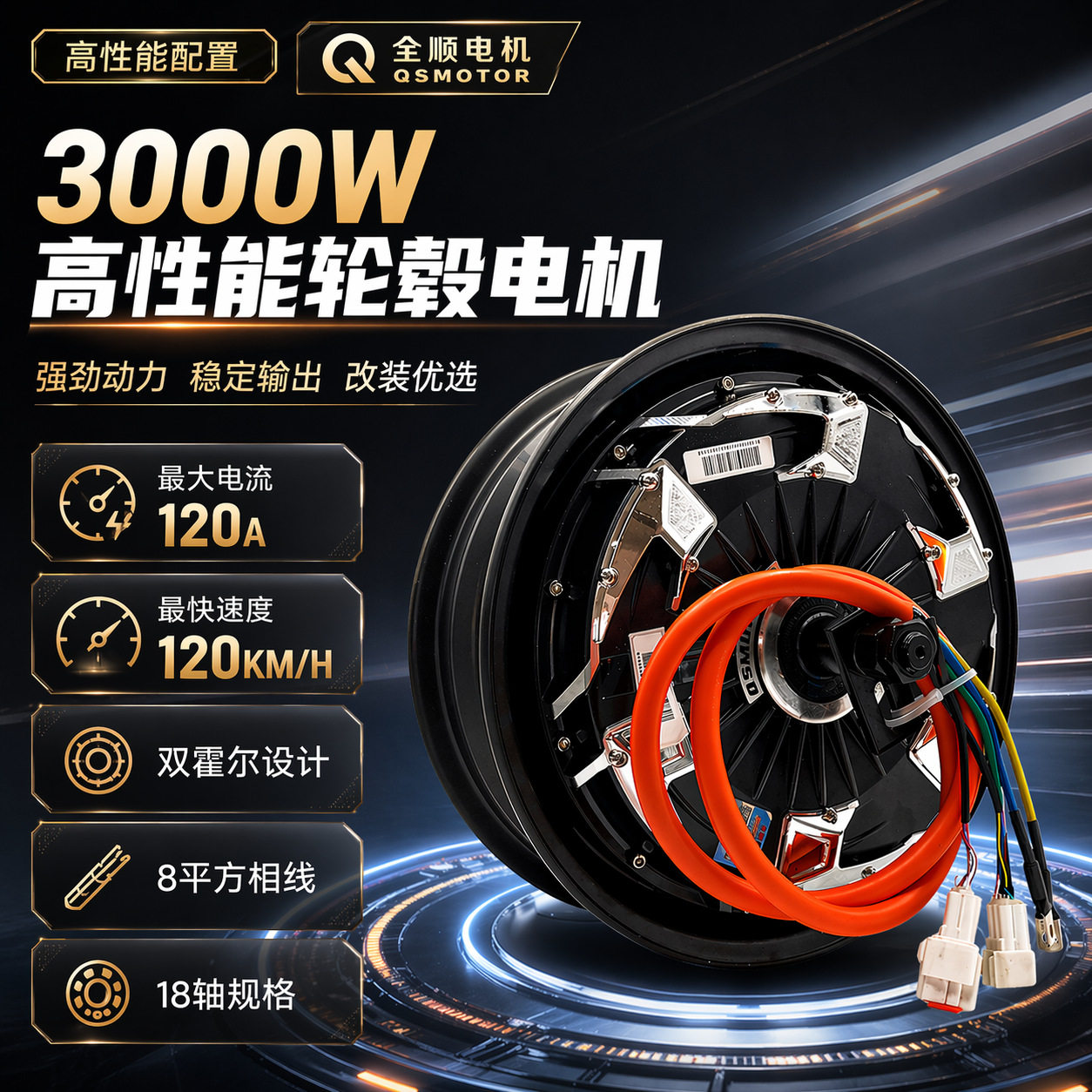 QSMOTOR Quanshun ขนาด 12 นิ้ว รุ่นที่ 4 กำลัง 3000W 40H พร้อมดิสก์เบรกคู่ Hall แกนหมุน 18 แกน มอเตอร์ไฟฟ้าแบบแรงเสียดทาน 48V-96V