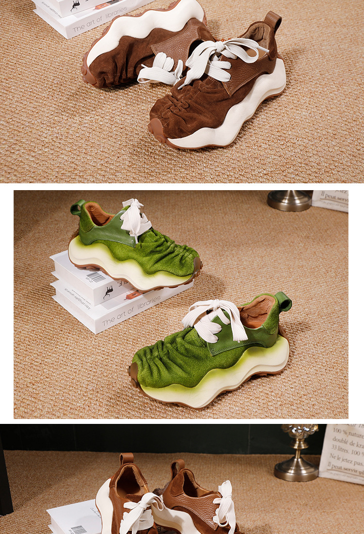 Giày sneaker nữ da bò thật đế dày phong cách thể thao dây buộc — màu nâu, màu xanh lá cây