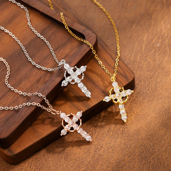 Necklace female European and American cross-border creative personality titanium steel cross necklace temperament hollow color zircon clavicle chain