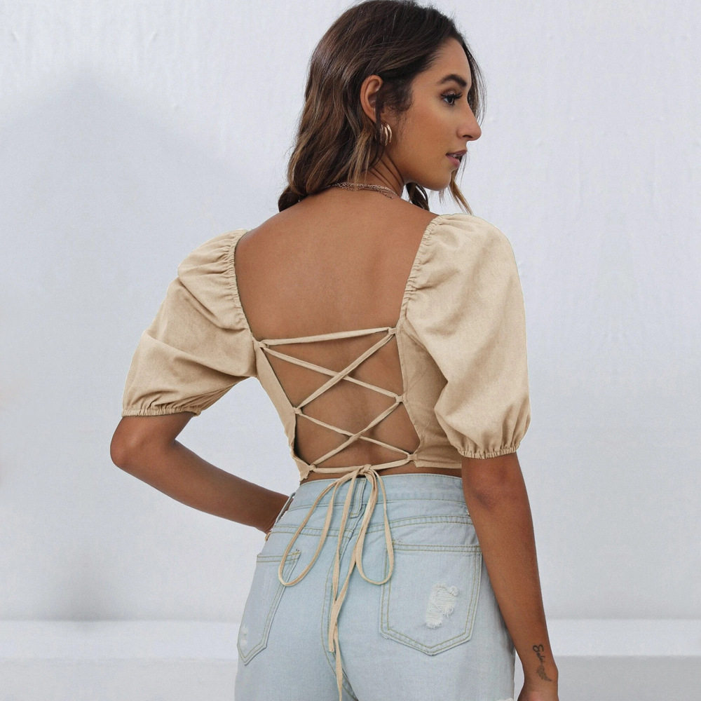 Womens Lantern Sleeve Backless Tie T Shirt Solid Color Square Neck Short Length Spring Summer Casual Wear