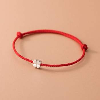 Nalan S925 Silver Korean Style Simple Fashion Four-Leaf Flower Red Rope Bracelet Summer Fresh Style Hand Jewelry S5186