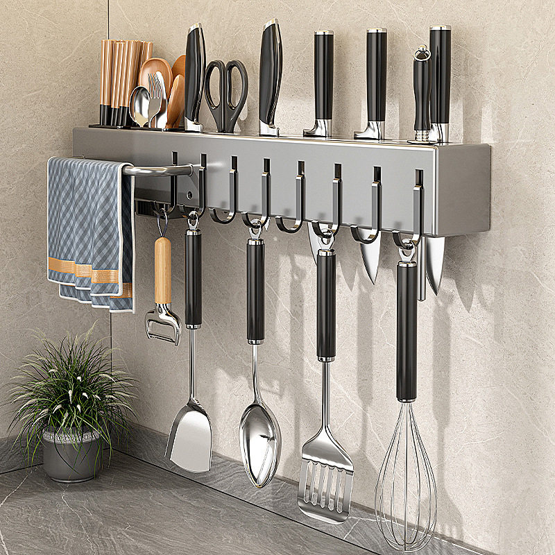 Stainless Steel Kitchen Knife Storage Rack Multi-Functional Punch-Free Knife Holder Storage Rack Chopstick Cage Chopstick Barrel Wall-Mounted