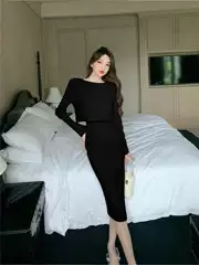 Vintage Knitted Sling dress suit Women's Autumn and Winter Style Texture Pullover Sweater Dress Fashion Stacked Two-Piece suit