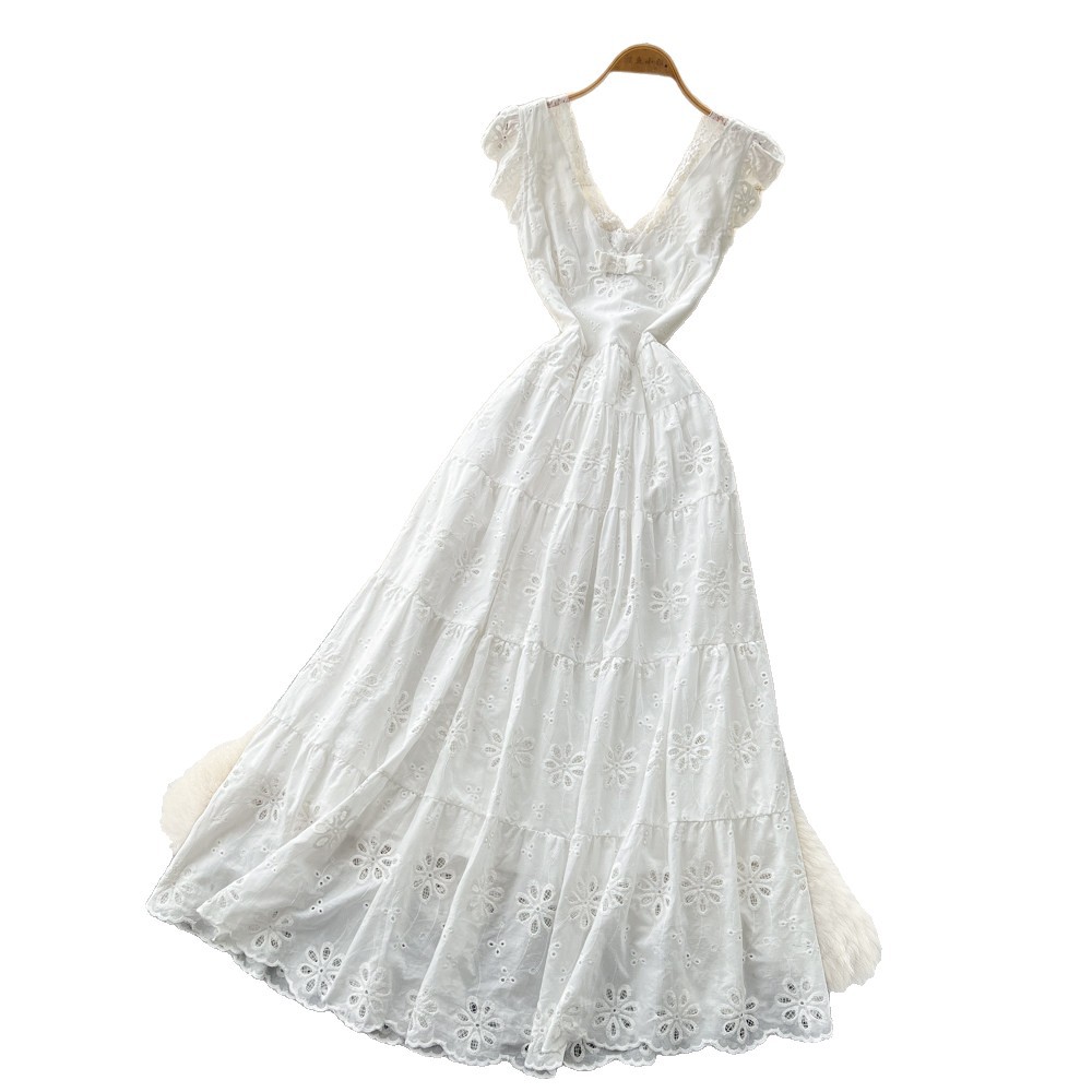 French Vacation Style V Neck White Hollow Lace Trim Maxi Dress for Women High Waist Slim Fit Elegant Summer Wear