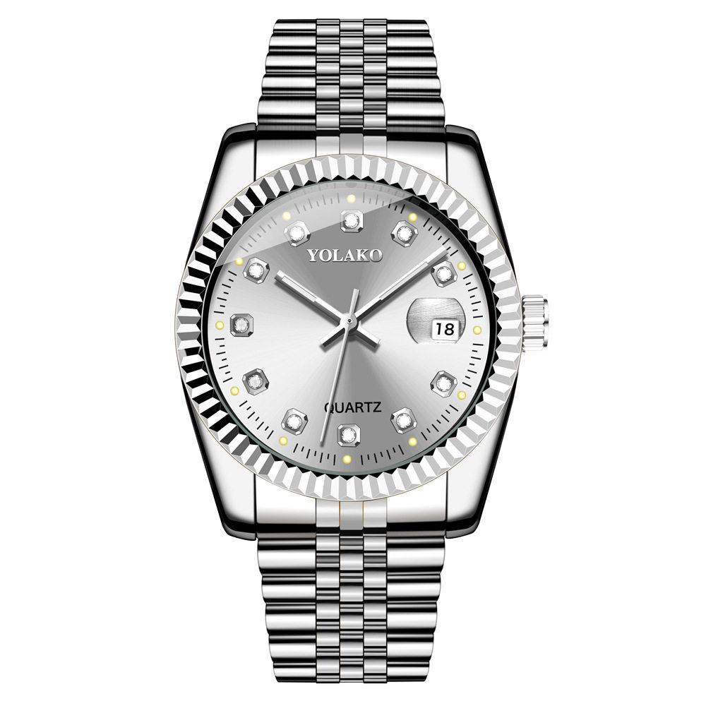 镶钻面钢带日历手表女简约休闲学生时尚石英金色套装男士手表情侣