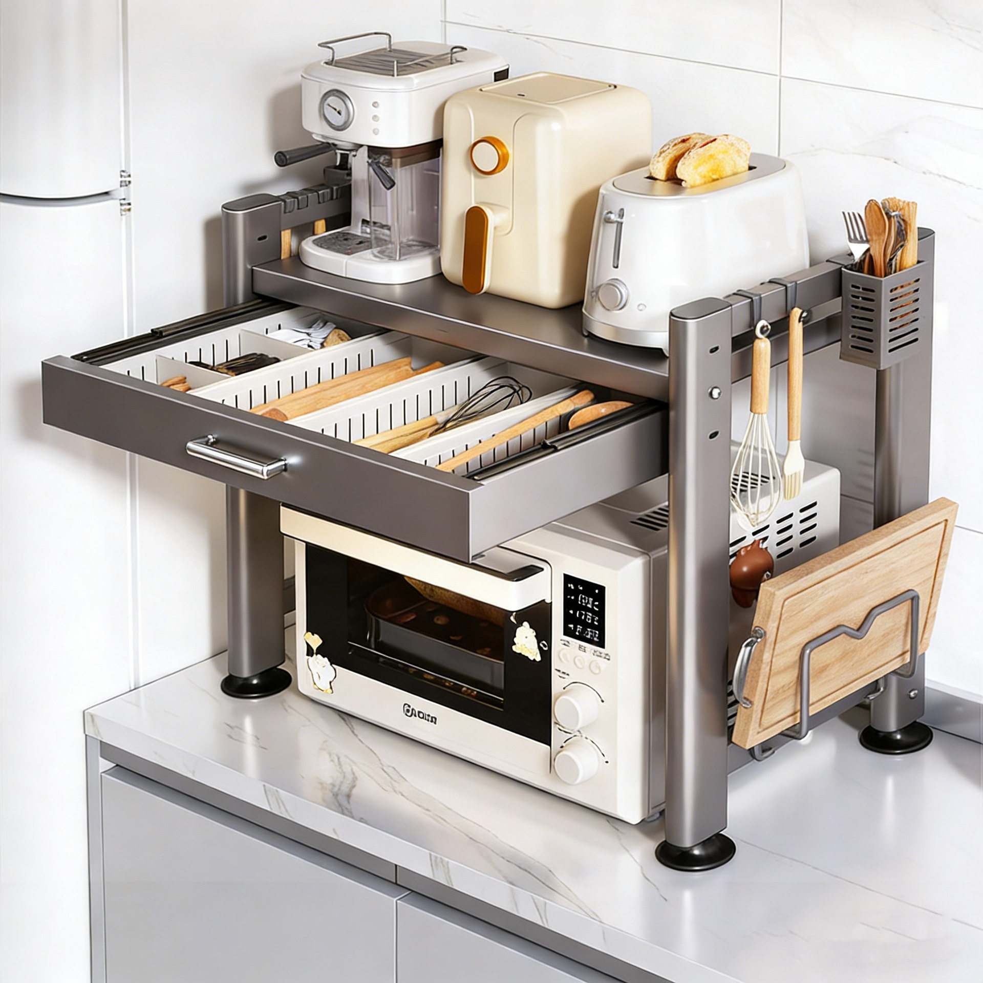 Kitchen Microwave Shelf with Drawers, Multi-Functional Countertop Storage Rack, Spice Storage Rack, 2026 New Model