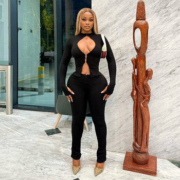 D25St363 Cross-Border Amazon 2025 Popular Cut Out Hook Top Zipper Pants Sexy Tight Two-Piece Set