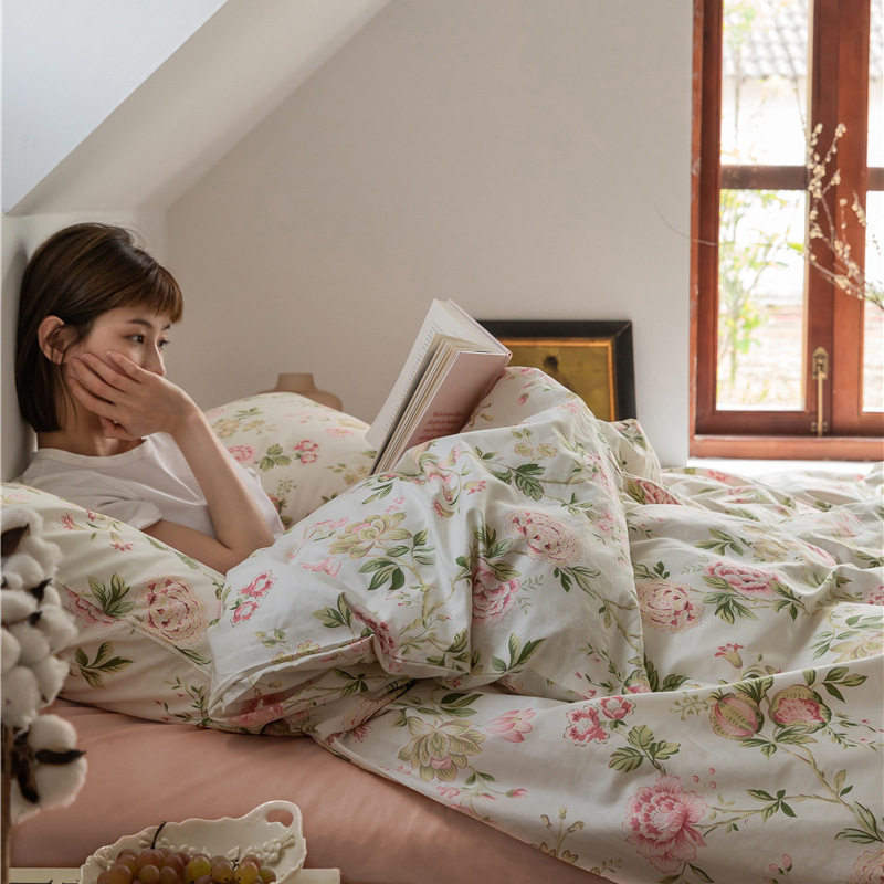 ins retro pastoral floral cotton four-piece set student dormitory three-piece cotton bed & breakfast artistic bed sheet fitted sheet