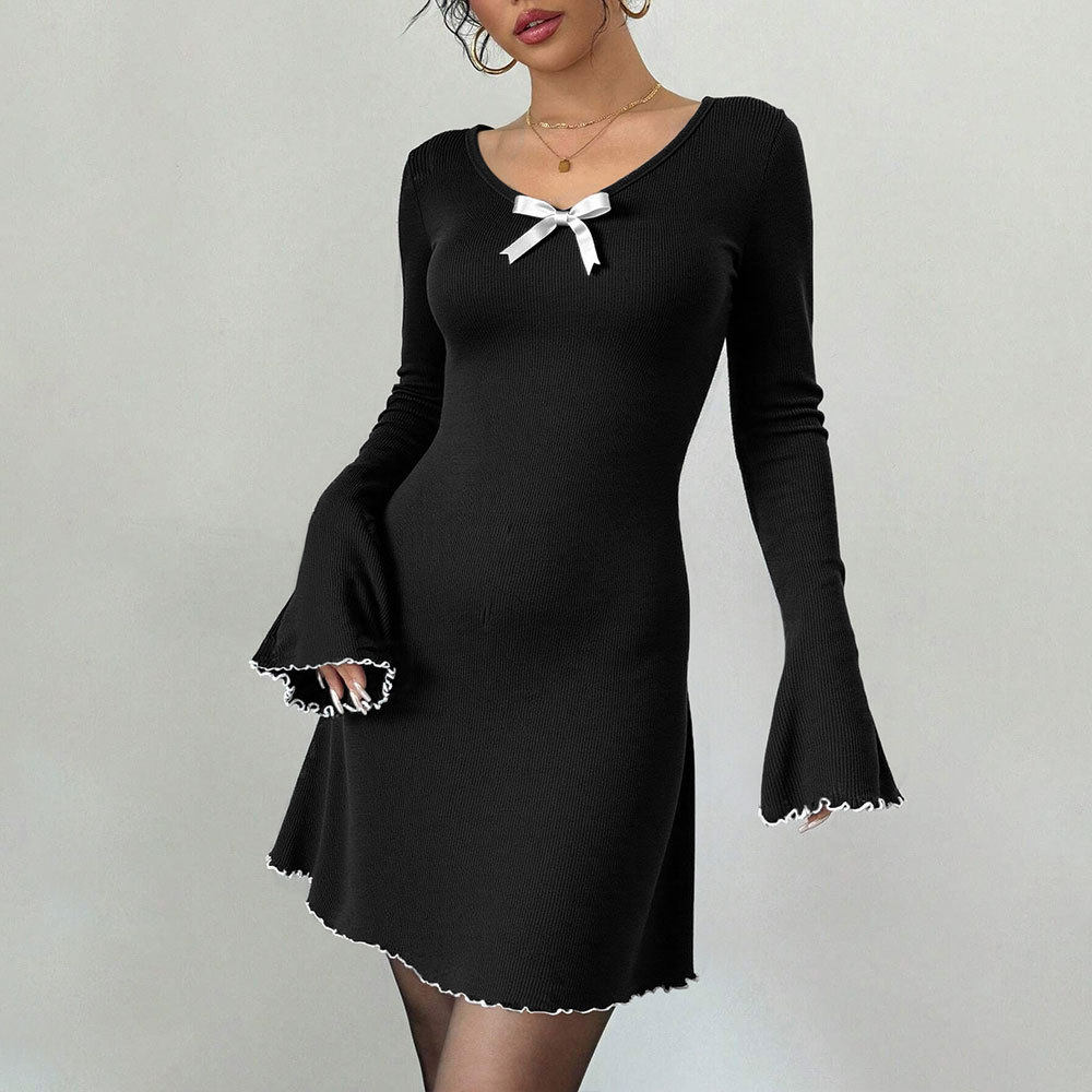 Elegant Black and White Color Block Knit Dress Flared Sleeves Slim Fit A Line Silhouette Perfect for Formal Occasions
