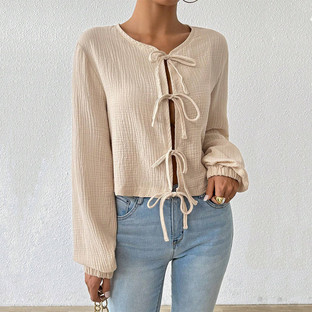 Elegant Womens T Shirt Loose Fit Short Length Tie Front Design Autumn Winter Casual Wear Wholesale Available