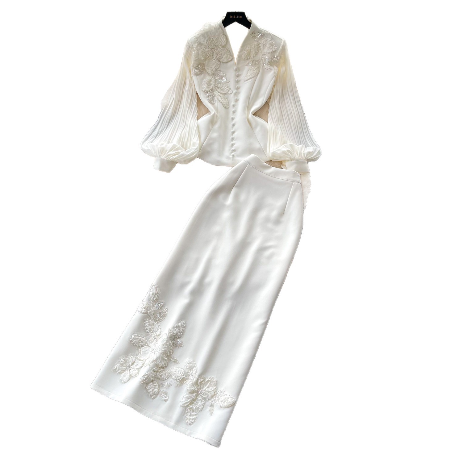Elegant Two Piece Set V Neck Lace Top with Beading High Waisted Skirt Sophisticated Style for Formal Occasions