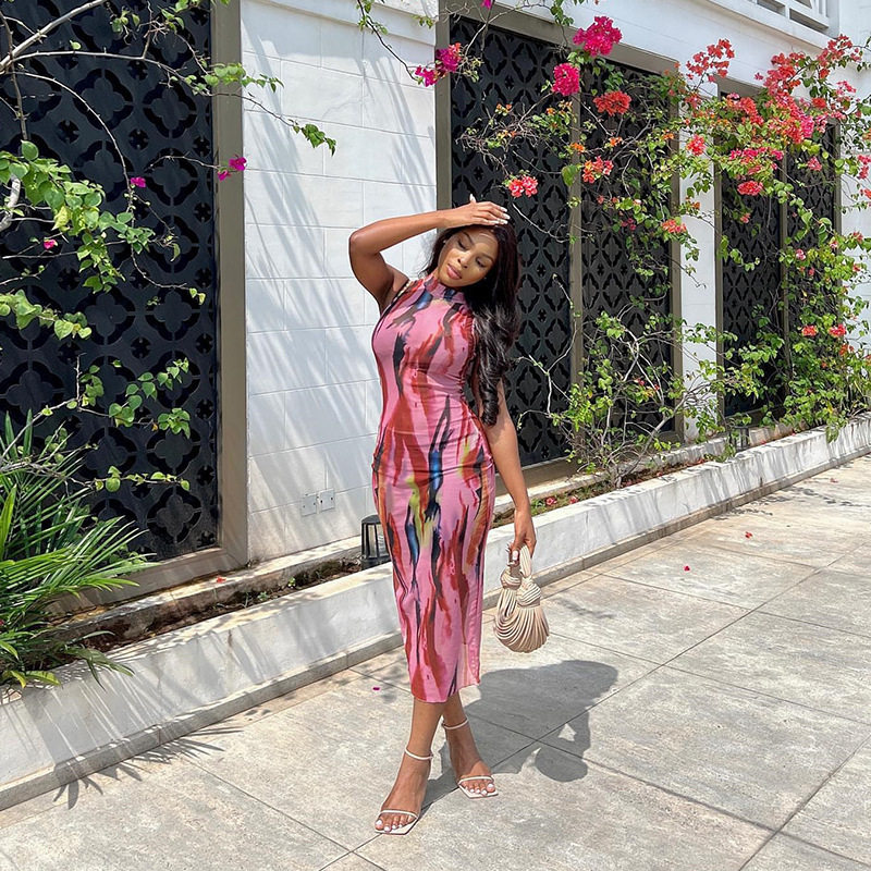 Sleeveless High Neck Bodycon Dress Fashionable Floral Print Mid Length Slim Fit Summer Casual Wear Wholesale