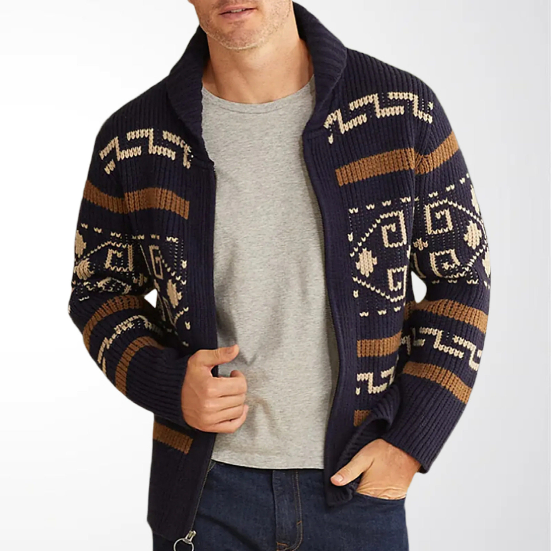 秋冬新款男装 时尚翻领休闲开衫外套 长袖修身提花针织毛衣SY0013