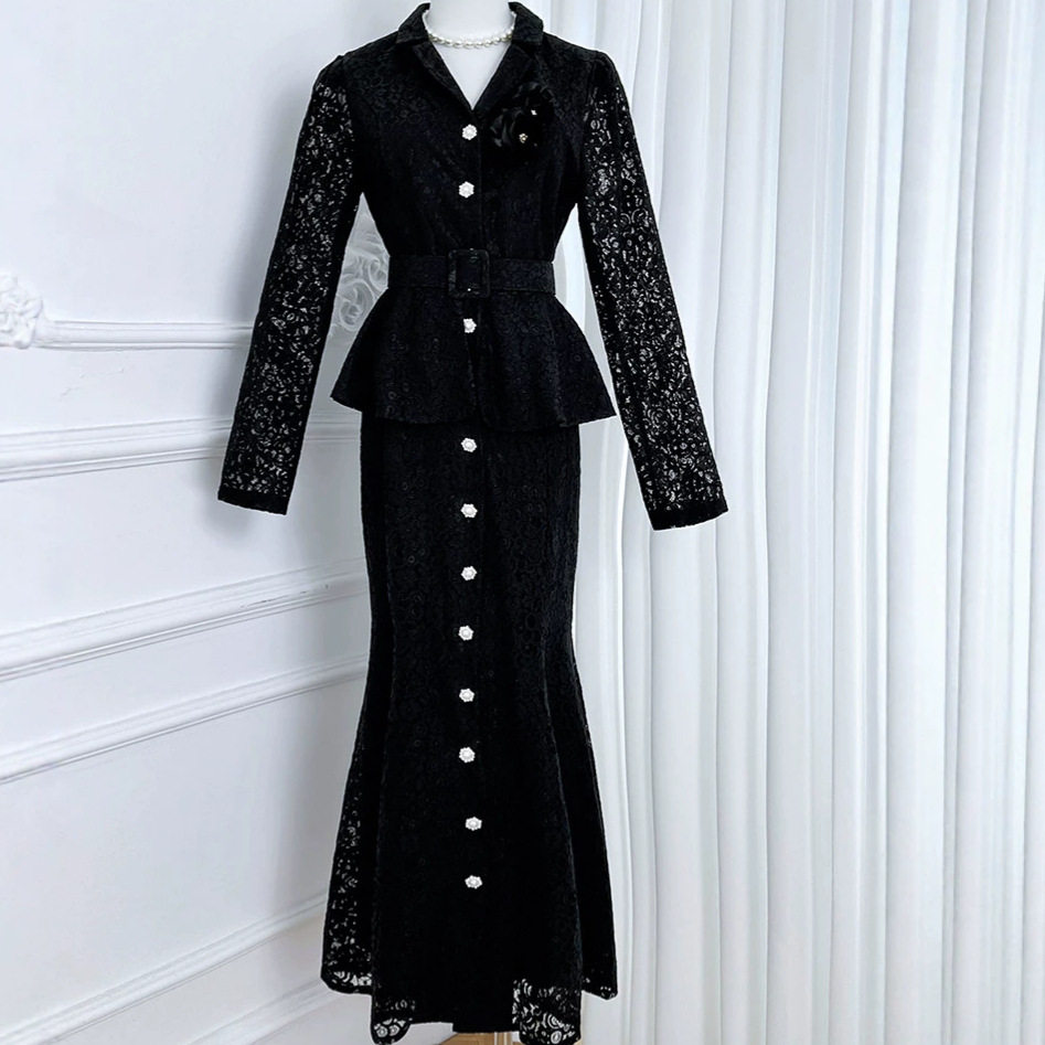 French V Neck Lace Hollow Floral Dress Long Sleeve Waist Defining A Line Silhouette Spring Office Wear Wholesale
