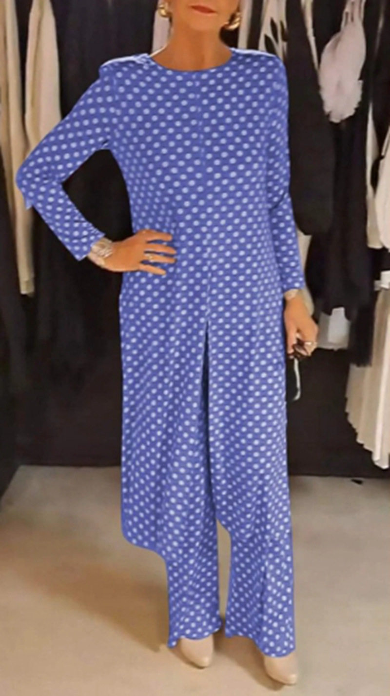 Summer Polka Dot Split Hem Top and Pants Set Slim Fit Round Neck Fashionable Versatile Perfect for Casual Outings