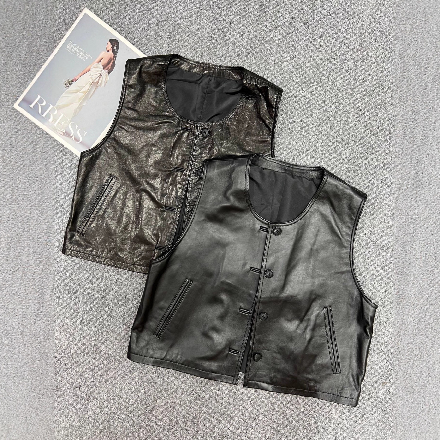 Кожаный жилет, женский новый стиль, маленький, короткий, с круглым вырезом, на нескольких пуговицах, повседневный кожаный жилет, тонкий, для похудения, универсальный кожаный жилет Изображение 1