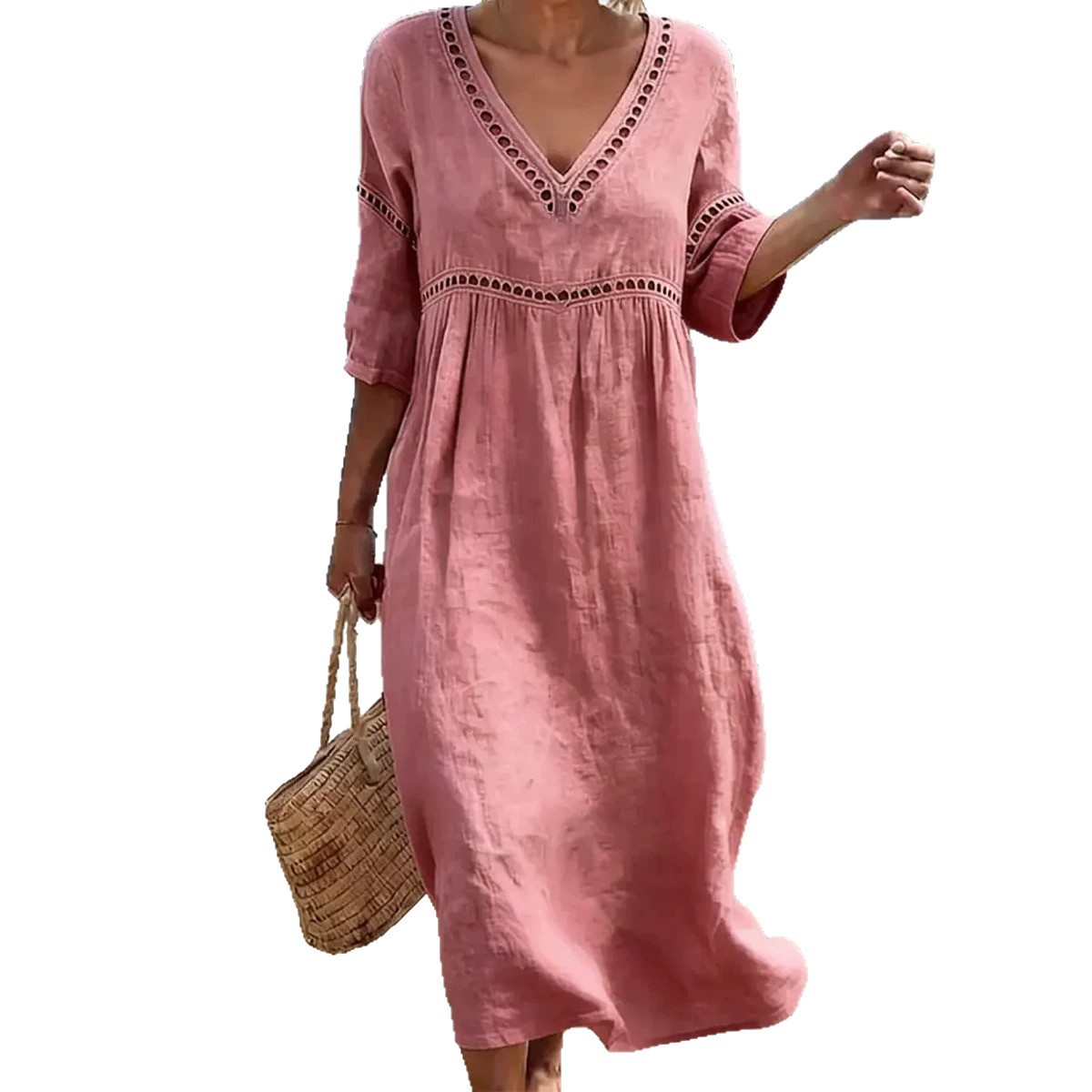 Summer Casual V Neck Dress Loose Fit Solid Color Vacation Style Wholesale Available low MOQ customizable