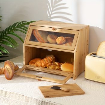 Bread Box Storage Box Household Bamboo Baked Storage Toast Rack Wooden Cake Glass Kitchen Double-Layer Sundry Storage Cabinet