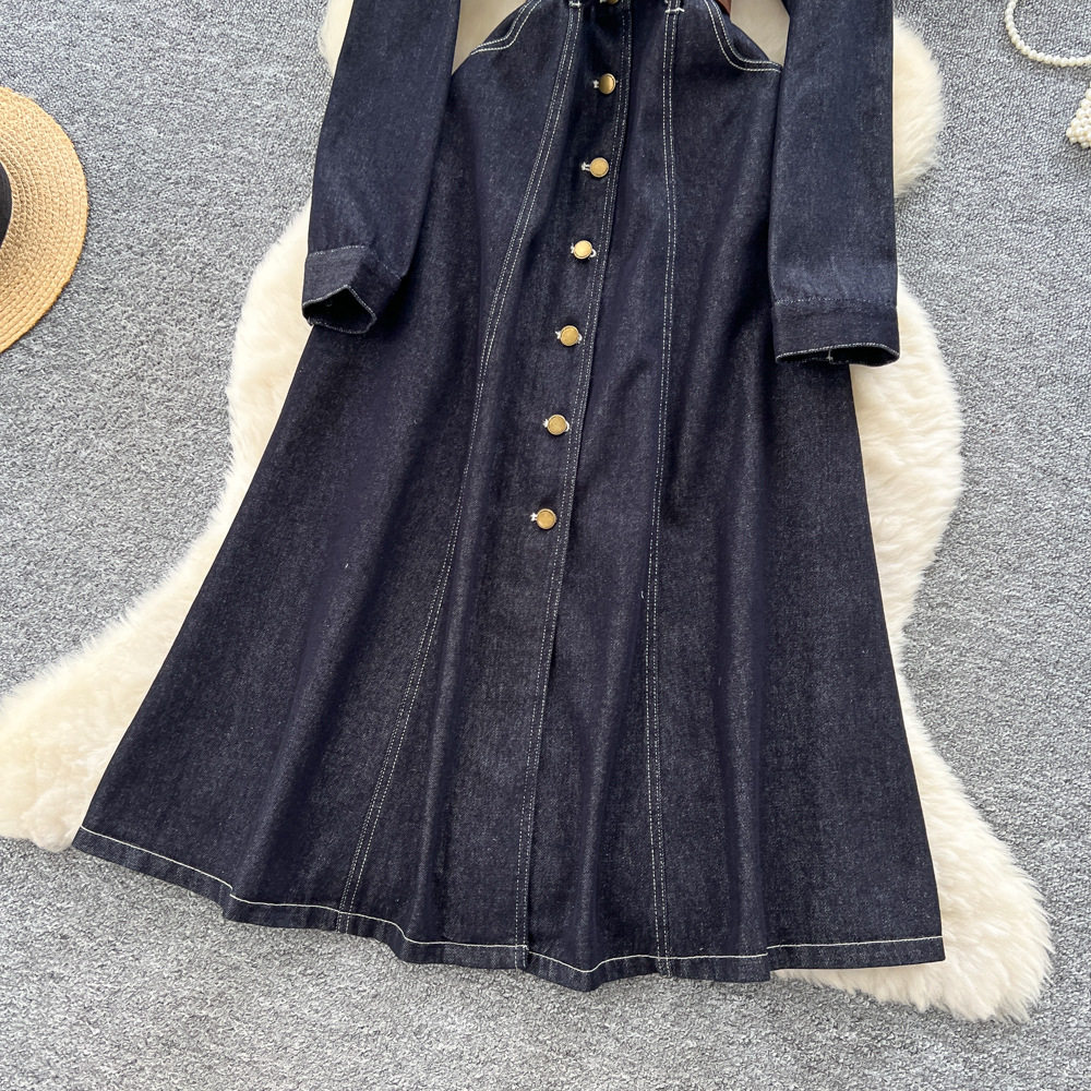 Vintage Inspired Denim Dress Long Sleeve Metal Button Waist Tie Elegant Fit Perfect for Casual Outings Wholesale