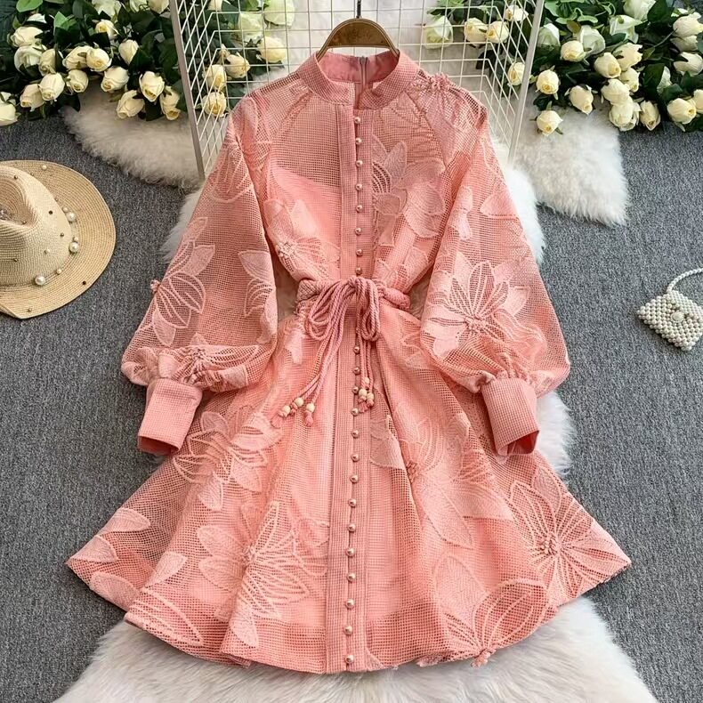 Elegant French Style Womens A Line Dress Lace Up Waist Hollow Embroidery Single Breasted Perfect for Formal