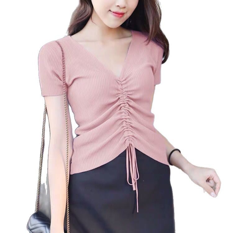 Womens V Neck Knitted T Shirt Short Sleeve Slim Fit Solid Color Summer Casual Wear