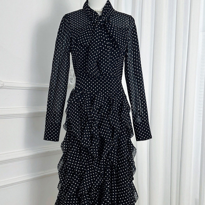 French Court Style Polka Dot Mermaid Maxi Dress Ruffled Hem Waist Defining Scarf Collar Elegant Evening Wear