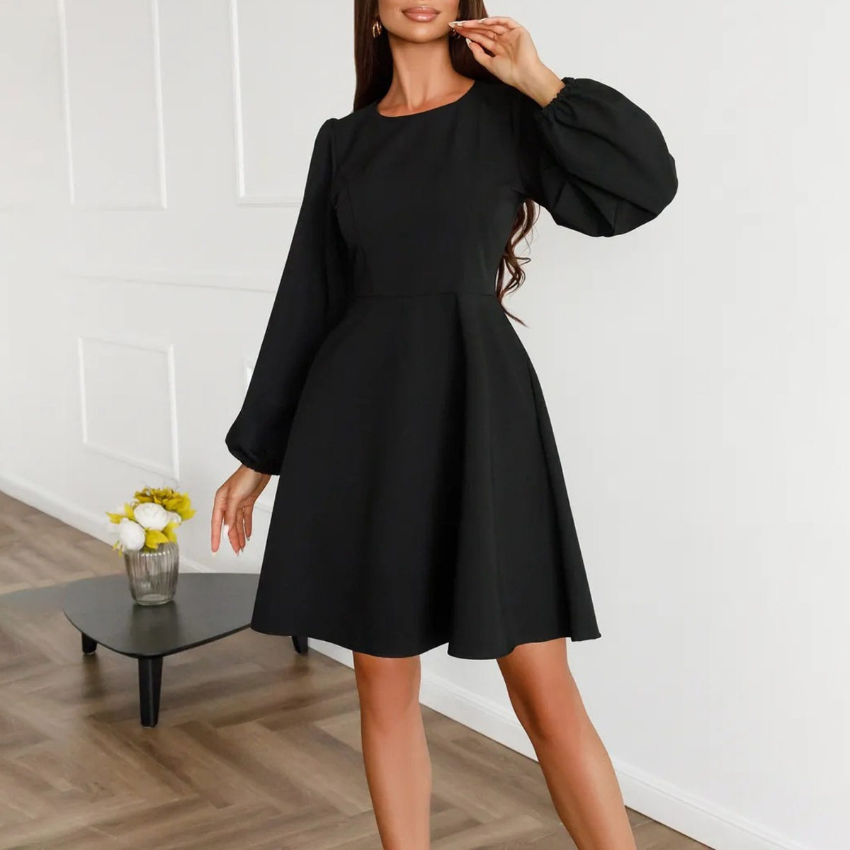 Womens A Line Dress Waist Defined Round Neck Pocketed Puff Long Sleeves Autumn Fashion Wholesale Available