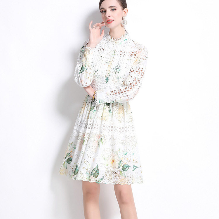Elegant French Style Hollow Out Floral Embroidery A Line Dress Waist Defined Printed Chic Design Perfect for Parties