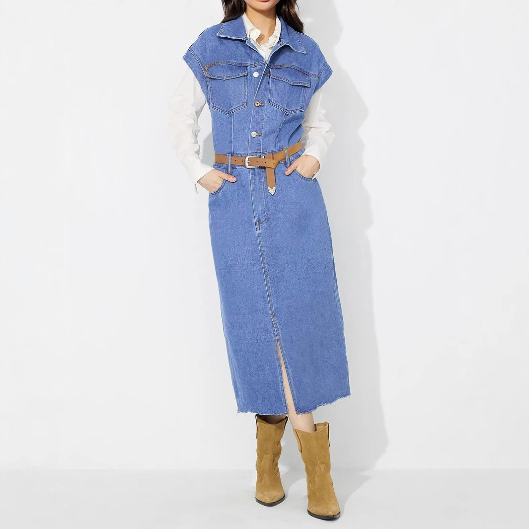 Denim Dress Single Breasted Lapel Collar Fashionable Style Casual Wear for Women Ready to Ship