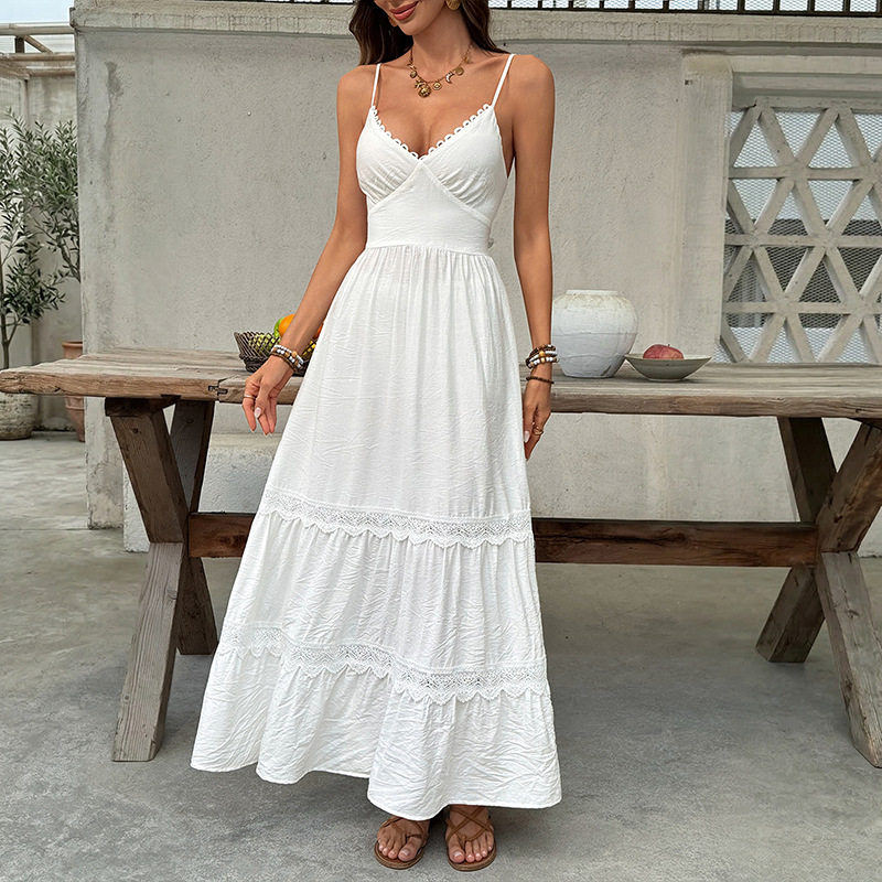 White Lace Trim Maxi Dress Simple Elegant Vacation Style Perfect for Summer Events OEM Available