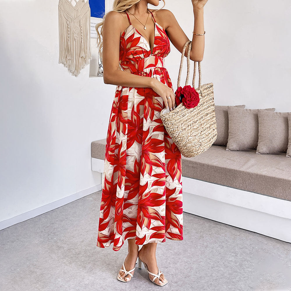 Casual Summer Maxi Dress Leaf Print Beach Style Lightweight Fabric Perfect for Vacation and Resort Wear Wholesale