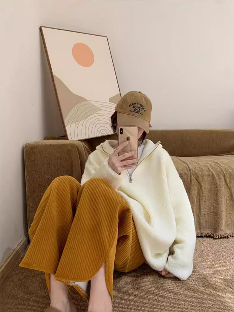 Pregnant Women's Chenille Belly Slimming Loose Autumn and Winter Granny Pants Pregnant Women's European Cotton Velvet Casual Wide Leg Straight Leg Pants fleece-lined