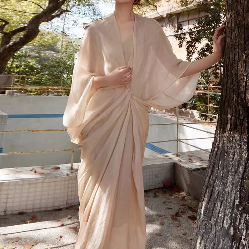 Đầm suông nữ dáng bất đối xứng phối tencel gai — Màu hồng sương mù