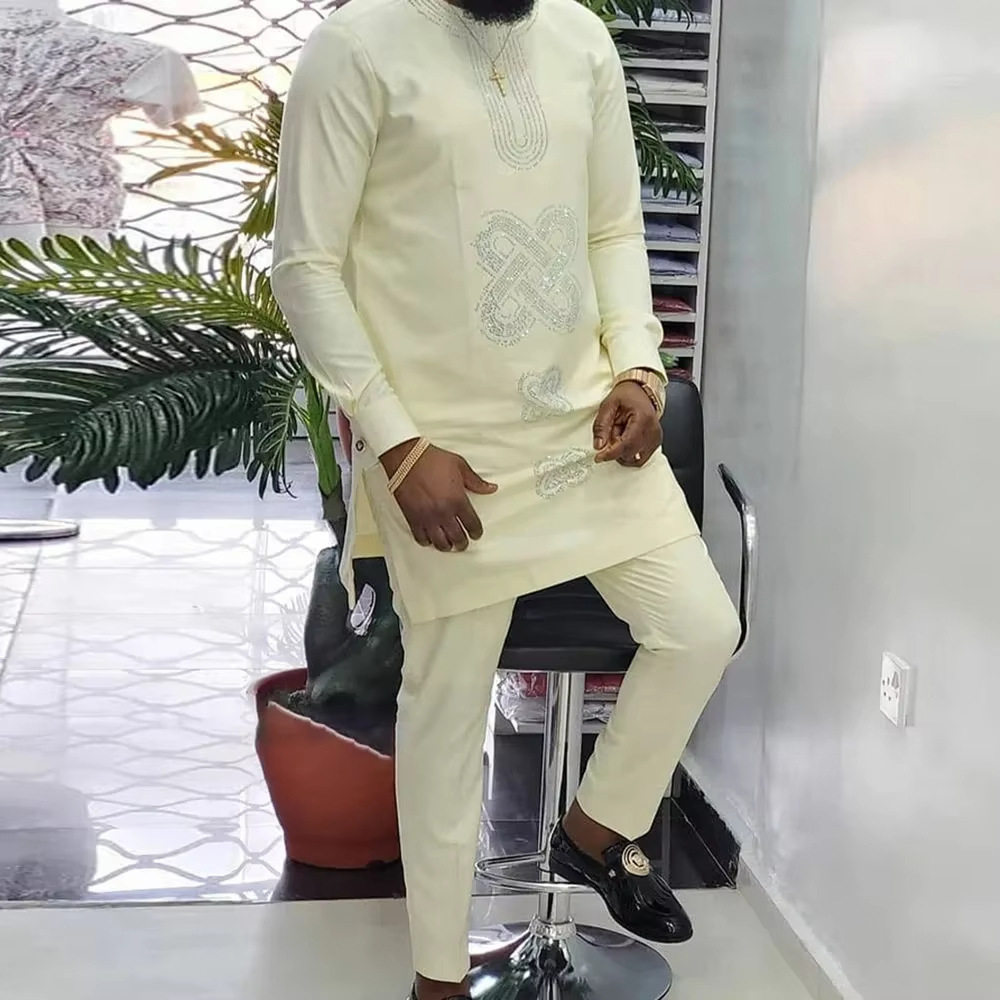 传统外贸非洲风格男士结婚新西装2件套圆领长袖上衣加裤子外贸