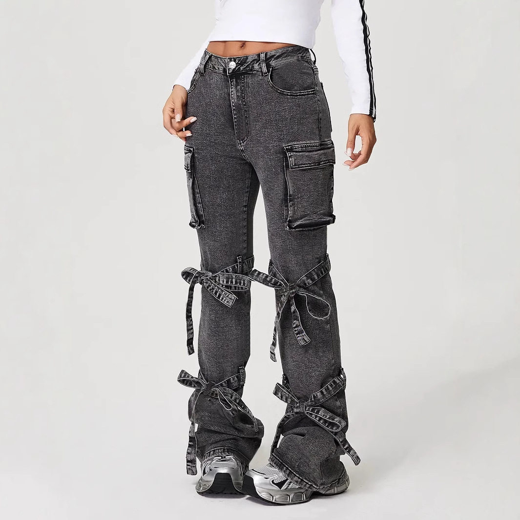 Womens Straight Leg Denim Cargo Pants Mid Rise Large Pockets Casual Style Wholesale Available